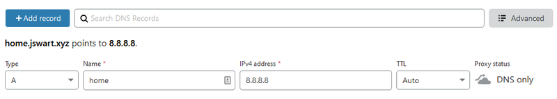 Example Cloudflare A record entry